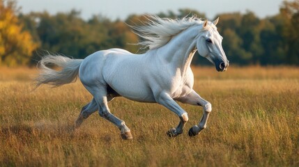 Obraz premium A white horse running freely in an open field with the wind blowing through its mane, symbolizing grace and freedom.