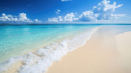 Fototapeta premium A white sand beach with clear turquoise waters lapping at the shore under a bright blue sky