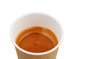 top view cardboard cup with coffee, espresso, americano on isolated white background close-up