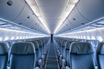 Fototapeta premium Empty Airplane Interior with Aligned Seats and Cool-Toned Lighting