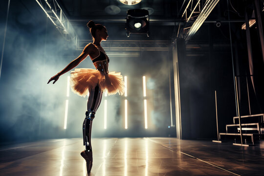 Ballerina wearing an orange tutu and a ballet bun with artificial prosthetic legs standing en pointe. AI enhanced dancer in pointe shoes in a dark, misty backstage area. - Powered by Adobe