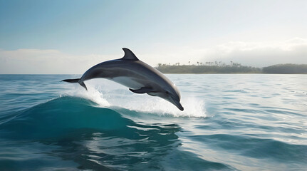 Fototapeta premium Cute dolphin jumping in the air out of ocean, marine world, animals and wildlife, nature background 