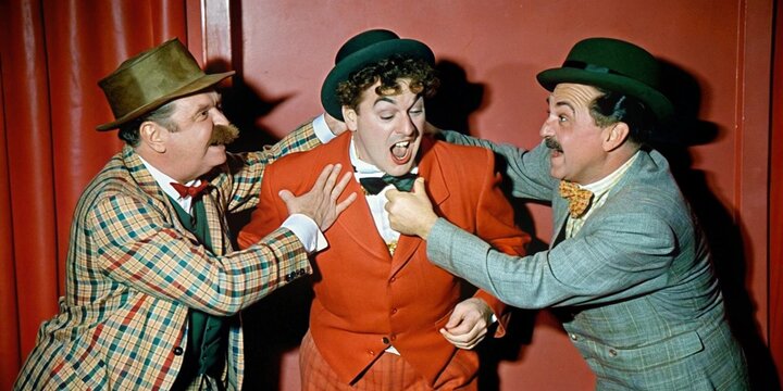 Classic slapstick comedy scene with three playful clowns in vintage attire