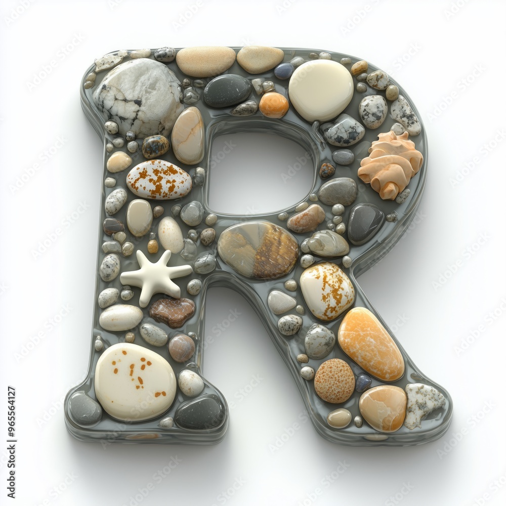 Poster Letter R Formed by Pebbles and Seashells