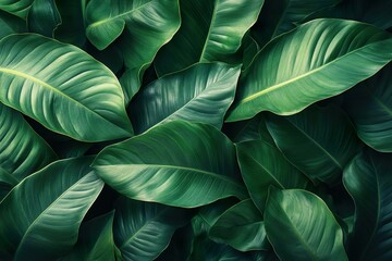 A high resolution image of lush green tropical leaves with intricate textures and vibrant colors