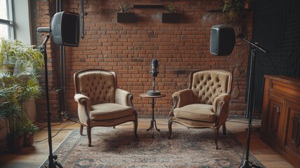 Rustic podcast studio with two vintage chairs, old-style microphones, exposed brick walls, and warm wooden decor, creating a classic, intimate vibe