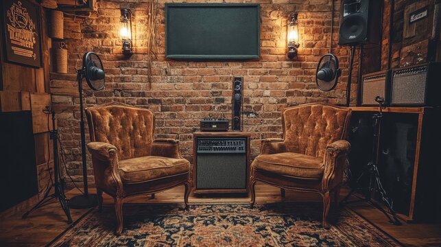 Rustic podcast studio with two vintage chairs, old-style microphones, exposed brick walls, and warm wooden decor, creating a classic, intimate vibe