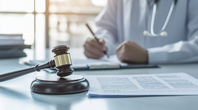 A courtroom scene with medical documents and a gavel, representing a lawsuit for medical malpractice and medicine fraud, with legal professionals reviewing evidence. photo