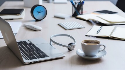 Overhead business desk. Top view workspace mockup with copy space. Refreshing coffee, glasses, wireless headset, clock, pc keypad, office paperwork supplies and stationary arrangement