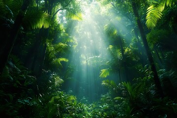 A lush green rainforest with towering trees dense foliage and soft dappled sunlight