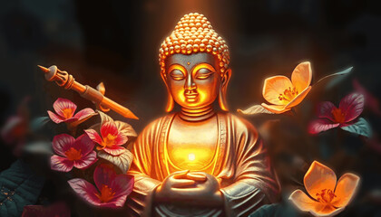 Obraz premium Modern art God Buddha, Buddha statue, golden elements beautiful cherry blossoms around the buddha statue in springtime, sunshine on idyllic garden with cherry tree and buddha on blurred sky background