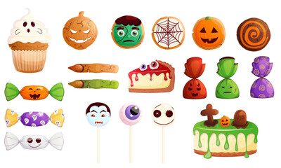  Halloween sweets set. Scary cake, lollipop, candy, cookie illustration. Trick or treat party elements. 