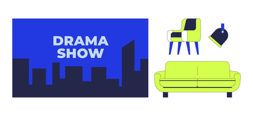 Studio equipment for talk-show broadcast 2D cartoon objects set. Drama show banner, spotlight, couch armchair isolated elements flat vector cliparts on white background. Spot illustrations collection