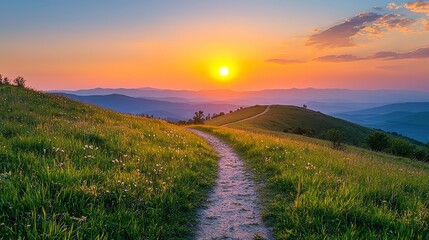 A tranquil sunset view over rolling hills, featuring a winding path leading into a colorful sky filled with warm hues.