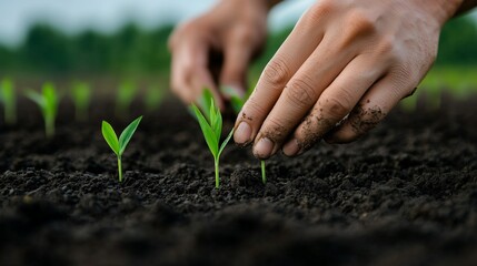 A close-up of hands planting green seedlings in rich soil, showcasing the nurturing process of growth in a vibrant garden.