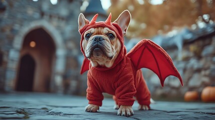 A cute dog in a red dragon costume, posing outdoors amidst autumn scenery. Perfect for Halloween-themed pet photography.
