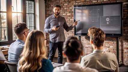 Interactive learning session with teacher explaining concepts on a smartboard in a classroom setting