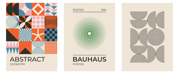 Set of trendy modern abstract geometric  vector posters with circle, square line shape. Minimalistic print for wall art decoration, postcard or brochure cover design in retro style art