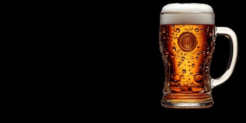 A hyper-realistic depiction of a frosty beer mug filled with amber-colored beer, showcasing tiny bubbles clinging to the glass. 