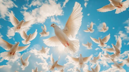 white doves flying overhead in blue sky background