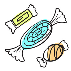 Sketched Candy Set, Engraved Doodle Design Elements Collection