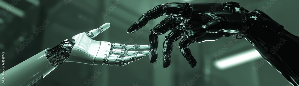 Poster hand of an engineer using a digital tablet to check a welding robotics machine that is automatically
