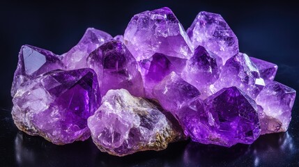 Fototapeta premium Close-up of purple amethyst crystals on a black background, showcasing natural beauty and mysticism