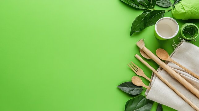 A white tote bag filled with wooden cutlery, a paper cup, and leaves creates a striking display on a pastel green background, emphasizing eco-conscious choices