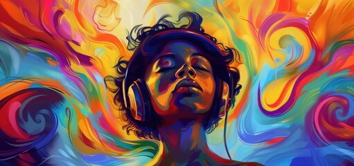 Colorful Abstract Art of Person Enjoying Music with Headphones