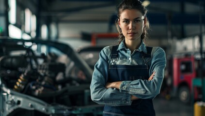 Confident professional female mechanic in overalls stands with her arms crossed, equal rights for women. Diversity and inclusion same pay and strong female leadership
