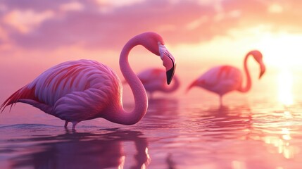 Naklejka premium Pink flamingos wading through a calm water body, creating a serene and exotic scene