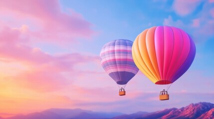 Obraz premium Two hot air balloons flying in the sky with mountains behind them, AI