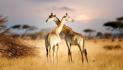 Naklejka premium Giraffe pair nuzzling in the African savannah