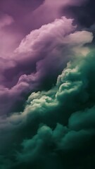 Naklejka premium An abstraction of clouds and fog with a purple to green gradient. Image displays a distinct paper texture and grain at full size.
