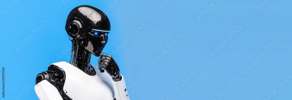 Poster humanoid robot analyzing information in concept of stock by machine learning process for 4th/4th ind