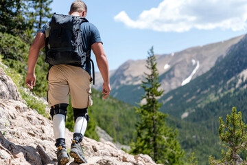 Man Hiking in Mountains with Prosthetic Legs and Backpack.