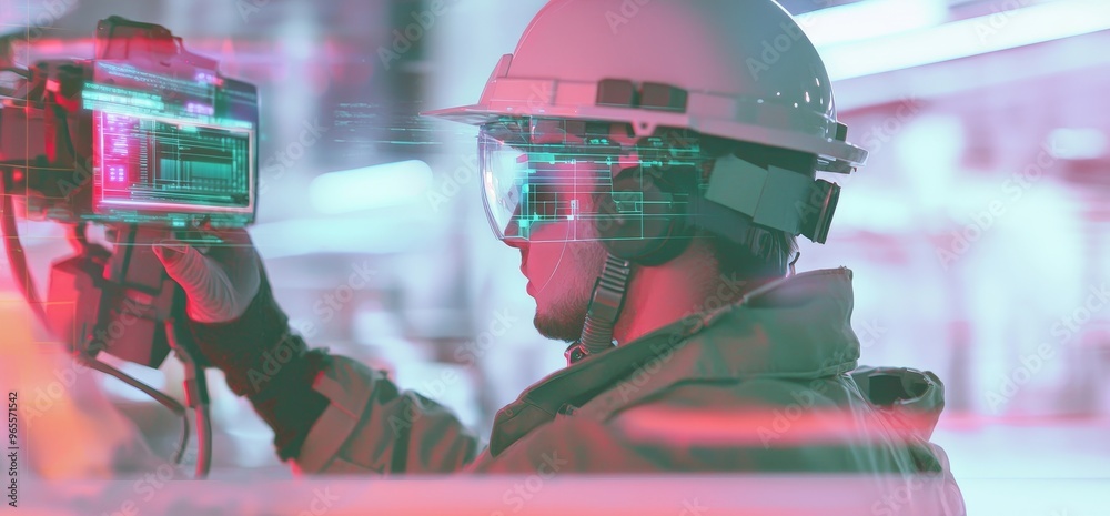 Poster using smart industry 4.0 futuristic technology, engineers combine augmented reality, digital twins w