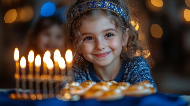 A family celebrates the eighth night of Hanukkah around a glowing menorah, filled with laughter as children play with dreidels and enjoy sufganiyot in a beautifully decorated room
