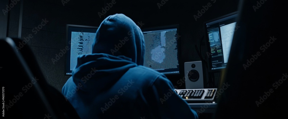 Poster a programmer hacker robot ai chatbot technology cybercrime hacking, internet digital technology meta