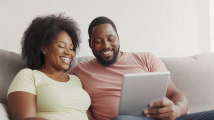 Obraz premium Smiling couple enjoying time together with a tablet on the sofa at home