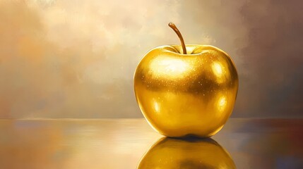 Obraz premium Illustrate a golden apple on a reflective surface. rich color and shine should stand out against the reflective background