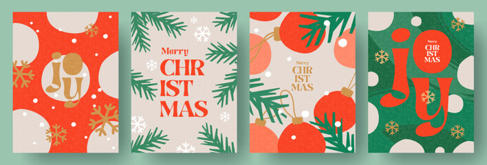 Merry Christmas and Happy New Year greeting card Set. Modern beautiful Xmas design with typography, Christmas tree branches, balls, snowflake pattern. Minimal art banner, poster, cover templates