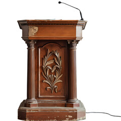a compact wooden podium, front-view, isolated on a white background, microphone attached, ideal for small events