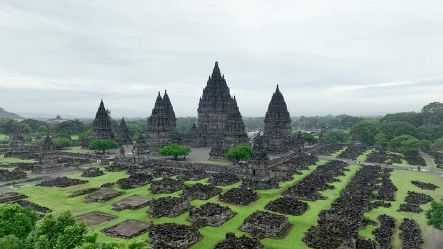 Aerial view of the Prambanan Temple complex, a 9th century Hindu temple in the Special Region of Yogyakarta, Indonesia