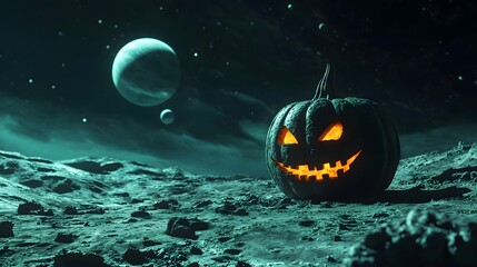 Naklejka premium An alien jack-o-lantern carved on the surface of a barren moon, eerie green glow emanating from the carved face, detailed craters and rocky landscape, distant planets and stars in the background,