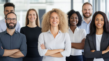 Obraz premium Portrait of a successful group of diverse business professionals standing confidently at the office, exemplifying teamwork and leadership in a modern corporate environment