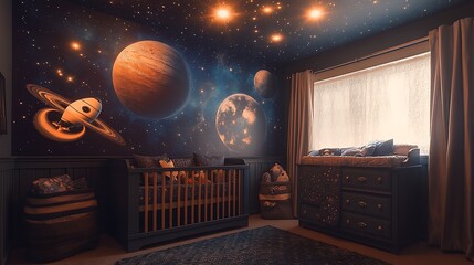 A cosmic nursery with a giant mural of planets and galaxies on the walls, rocket ship decals, starry ceiling lights, dark blue and silver tones, cozy crib with space-themed linens,