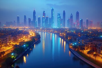 Naklejka premium A stunning time lapse of a city skyline transitioning from day to night with lights gradually illuminating the buildings