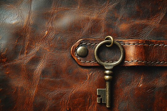 A deep brown leather background with subtle stitching details and a vintage key placed at the bottom corner, evoking a sense of mystery. 
