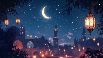 Illustrate a serene Eid Mubarak evening with a crescent moon and star prominently visible in the sky.